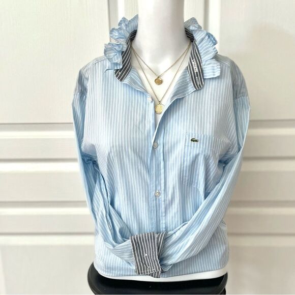 Lacoste UpCycled Handmade Blue Striped Ruffle Collar Button Down Shirt Size XS - Picture 7 of 16